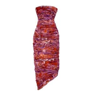 House of CB - Sasha Swirl Strapless Ruched Midi Dress in Purple and Orange